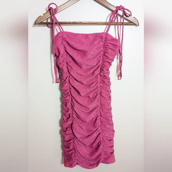 Jump Apparel Y2K Pink Metallic Sparkle Ruched Bodycon Mini Dress - Picture 7 of 7